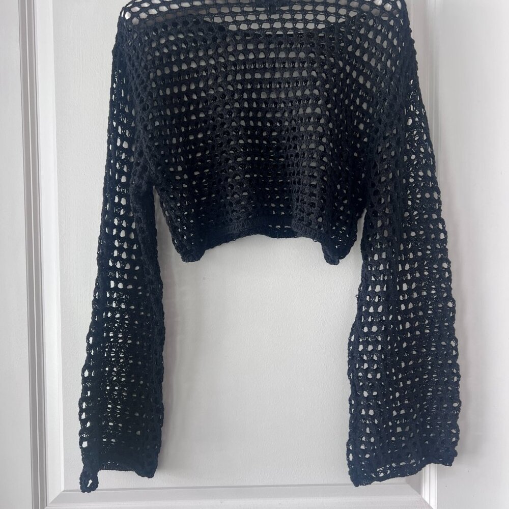 Vici Black Crochet Cropped Sweater Beach Cover Up - Picture 6 of 7
